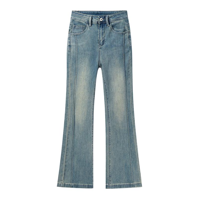 Elastic Women s High-Waisted Micro-Flare Jeans, Patchwork Blue-Gray, Floor-Length Bell Bottom. L