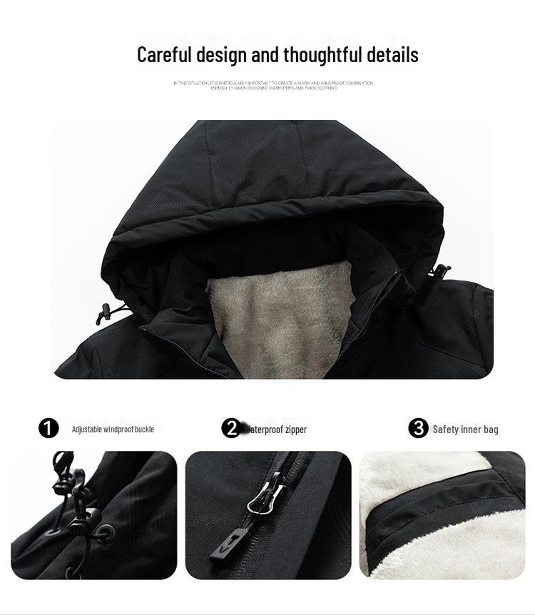 Men's Windproof Waterproof Hooded Jacket with Velvet Lining for Autumn & Winter
