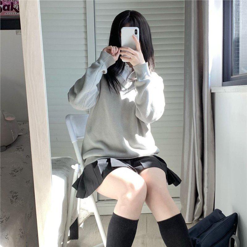 Preppy V-Neck JK Uniform Sweater Set: Autumn-Winter Long-Sleeve Versatile Outerwear for Girls