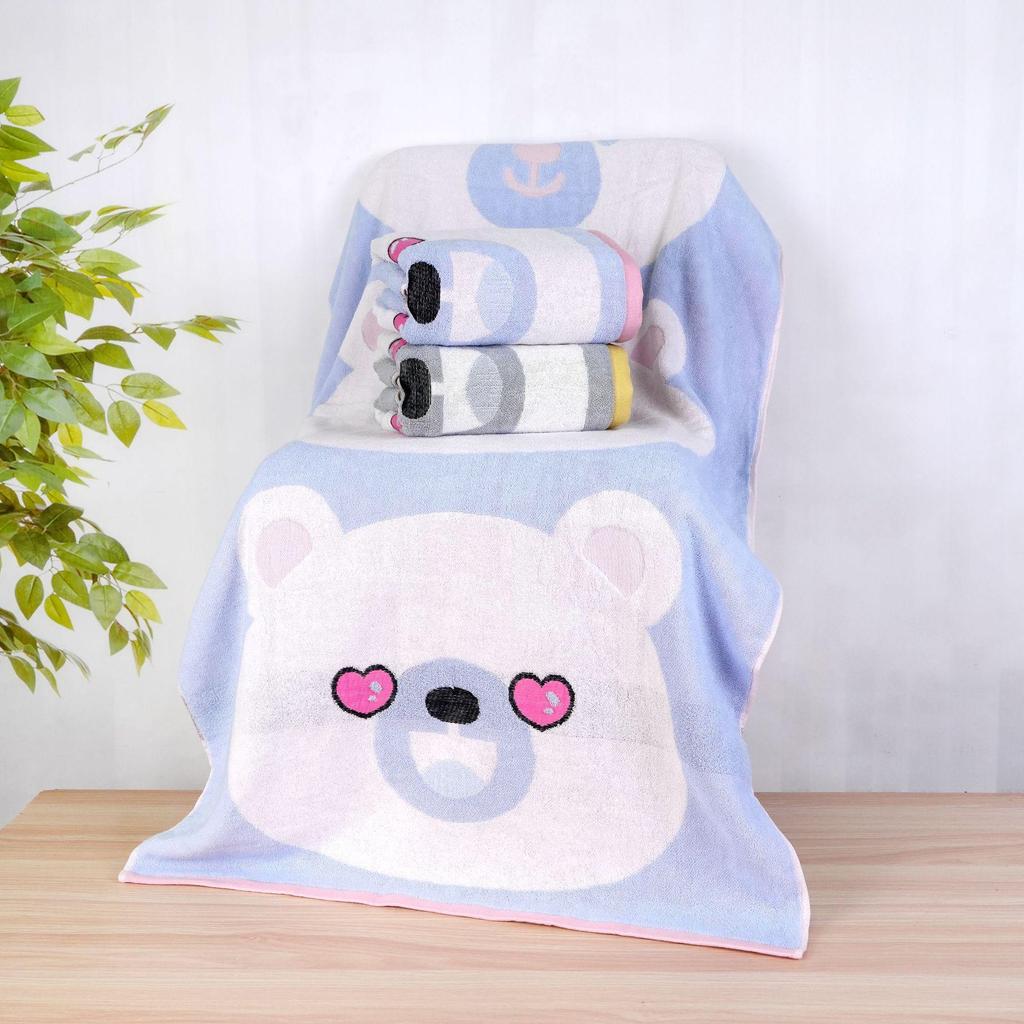 Children's Cute Bear Jacquard Bath Towel - Soft, Thick, Absorbent, All-Cotton