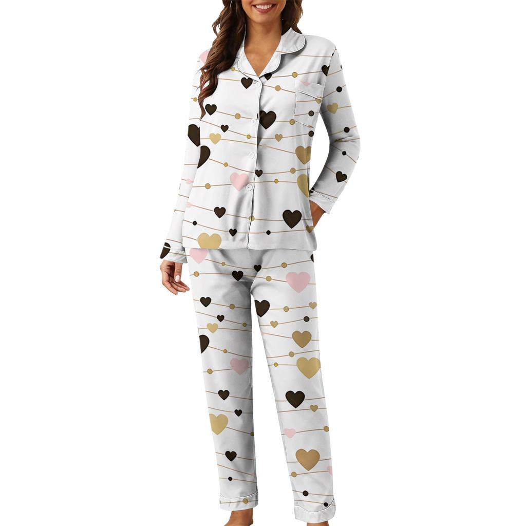 Women's Casual Fashion Heart Print Long-Sleeved Top And Trousers Homewear Set