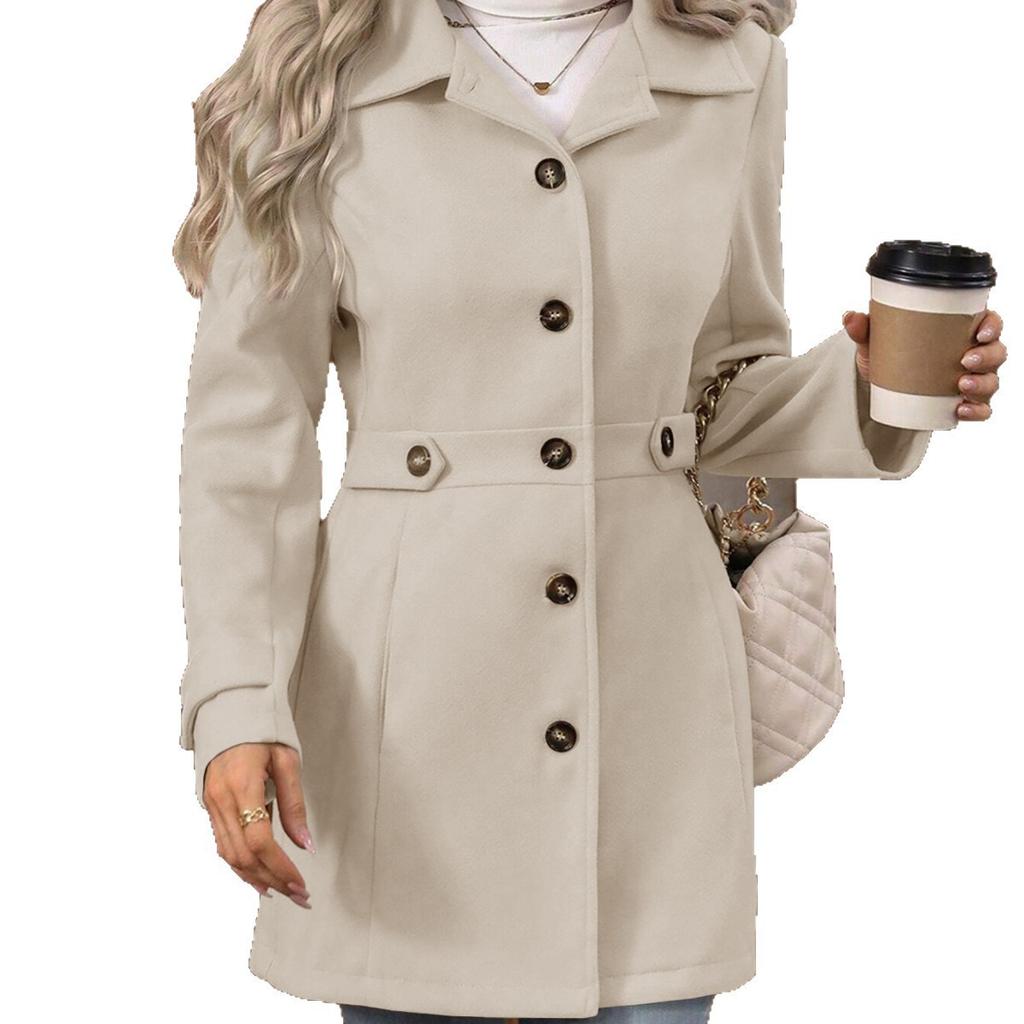 Cross-border 2025 autumn and winter new products medium and long temperament woolen coat lapel button temperament slim woolen