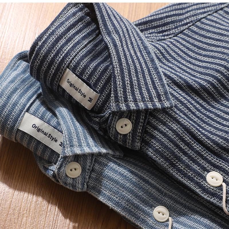 Men's American Retro Stripe Denim Shirt - Trendy Long Sleeve Jacket for Spring & Autumn