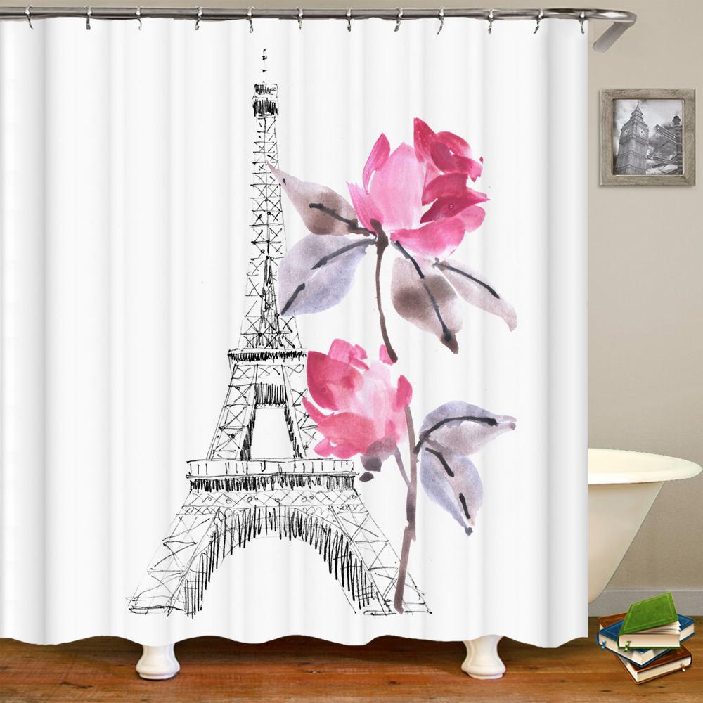 3D Shower Curtains Flowers Paris Tower Waterproof Bathroom Curtain With 12 Hooks Home Decoration Washable Polyester Bath Screen