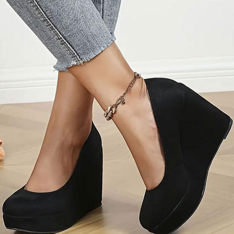Spring Autumn Suede Women's Wedge Heels Shoes Round Toe Retro Thick Sole Platform High Heels Large Size Women's Shoes
