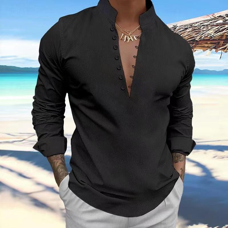Spring Autumn men's retro cotton linen casual standing collar long sleeved shirt