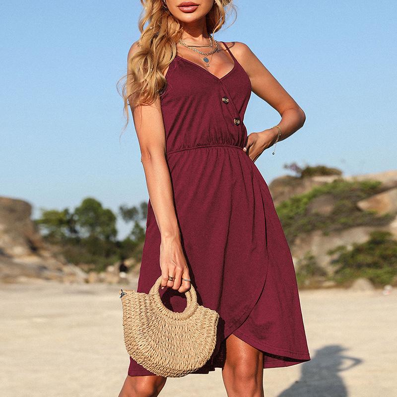Women's Summer Open Back Solid Color V Neck Strap A-Line Irregular Short Dress