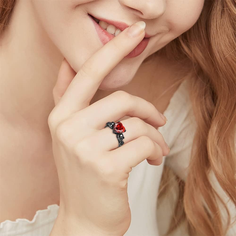 Gothic Skull Black Rose Flower Rings Women Purple Red Heart Zircon Crystal Valentine's Day Anniversary Engagement Jewelry