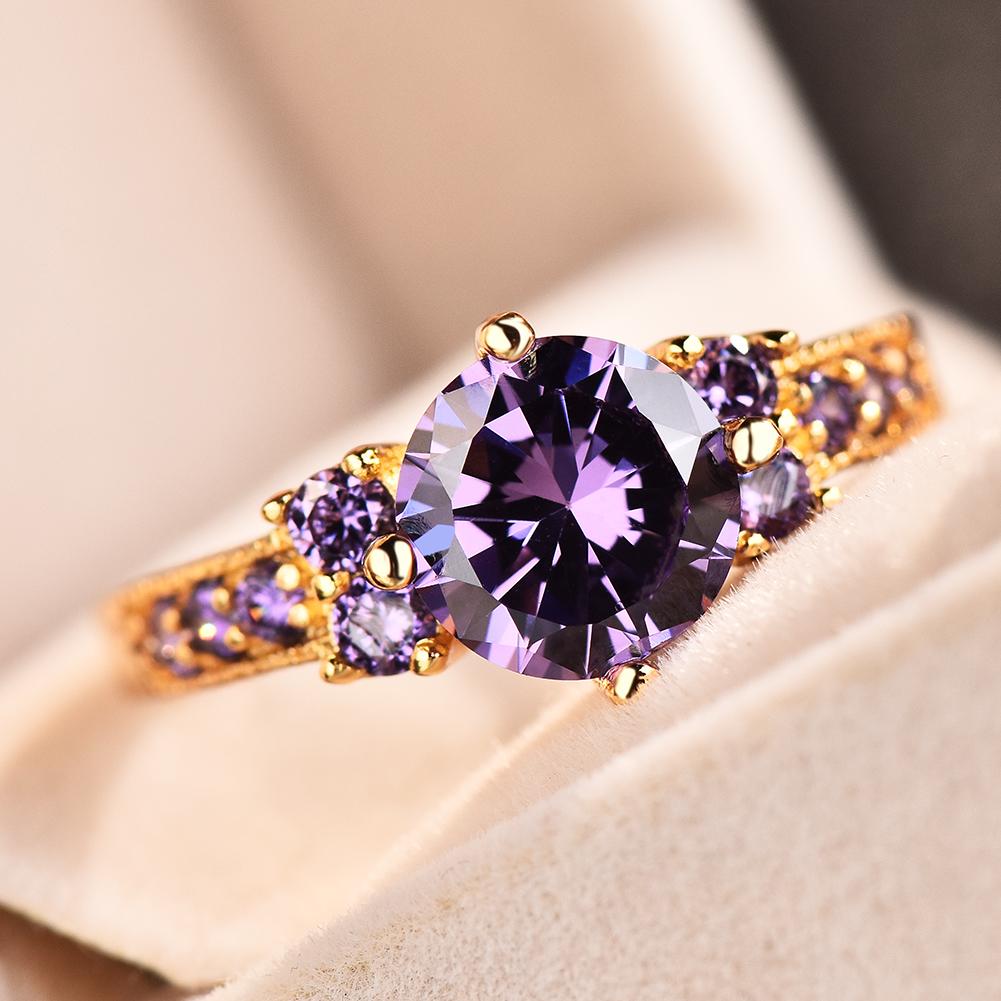 Vintage Female Purple Crystal Stone Charm Gold Color Thin Wedding Jewelry For Women Luxury Round Zircon Engagement Ring