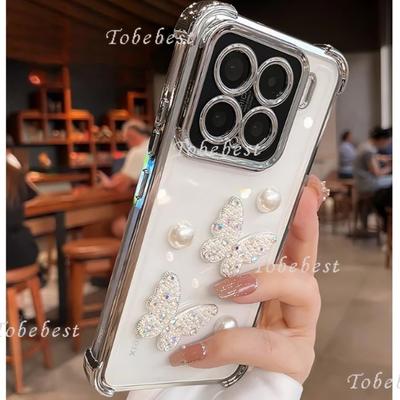 3D Pearl Butterfly Shockproof Plating Silicone Case for Xiaomi 15 15S 14 Ultra 14T 13 12 12S 12X 11 Pro Lite Cover