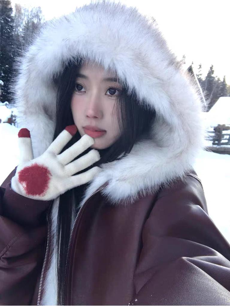Autumn and winter warm thickened PU leather big fur collar seat mountain carving hooded cotton clothes men and women Guochao loose couple short jacket