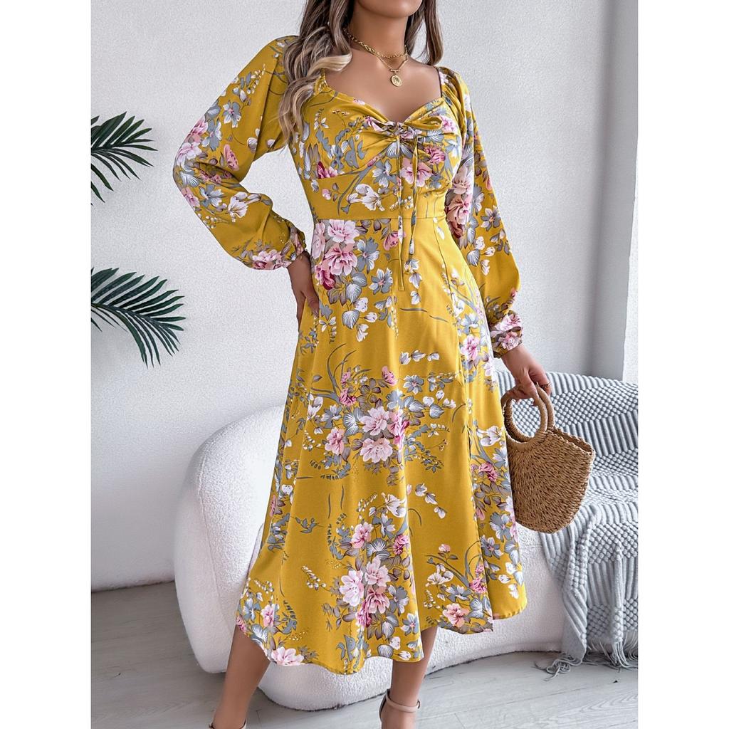 GMXIA Spring Summer Sexy Tie Knot Flower Long-sleeved Slit Dress for Women