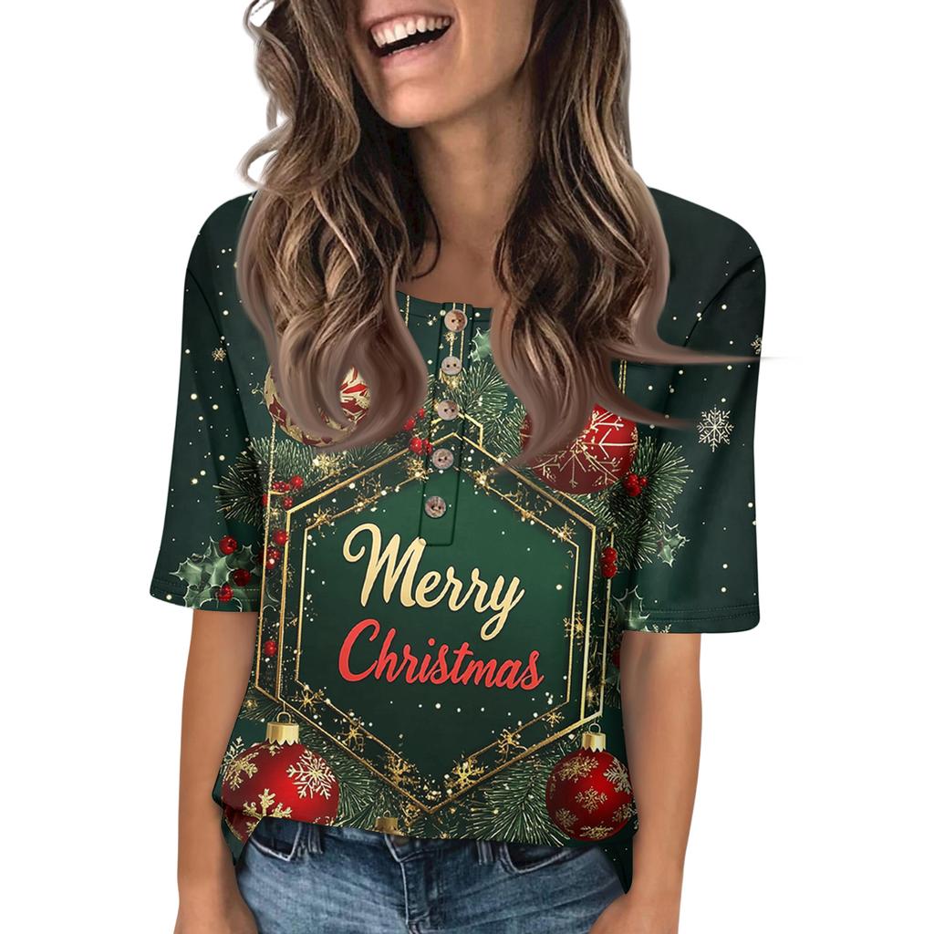 Shirts For Women Trendy Round Neck Button T Shirts Printed Blouse Half Sleeve Tops For Women