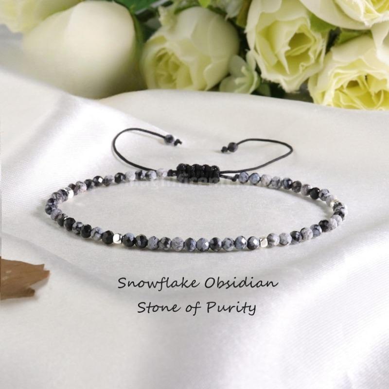 Snowflake Obsidian bracelet: Simple multi-faceted beaded Bohemian-style jewelry, black and white crystal anklets