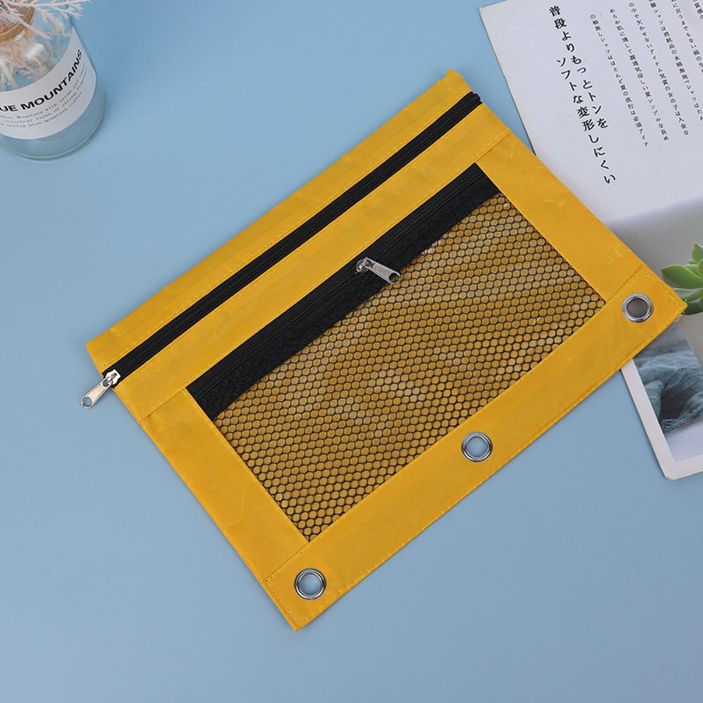 Portable Three Hole Pencil Case Pouch Practical Storage Bag Documents Bag Mesh Pencil Pouch Office
