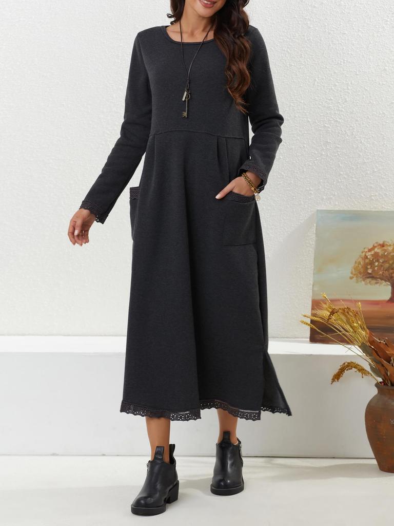 2023 Autumn Loose Plus Size Knit Lace Long Fleece Sweatshirt Dress