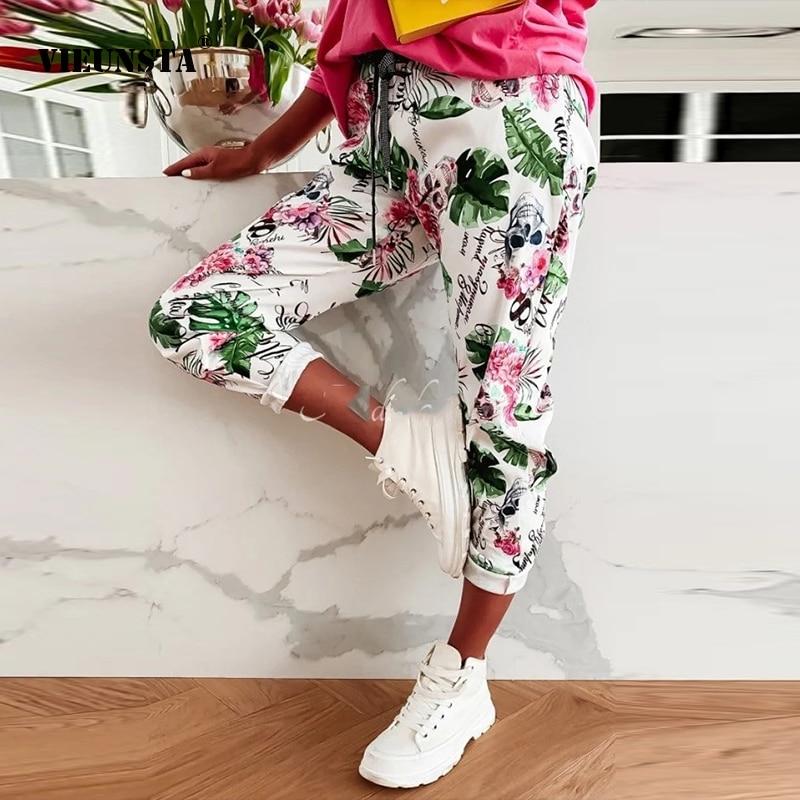 Spring Summer New Flower Print Long Pants Fashion Lace-Up Elastic Waist Sport Trousers Casual Women Pocket Sweatpants Streetwear