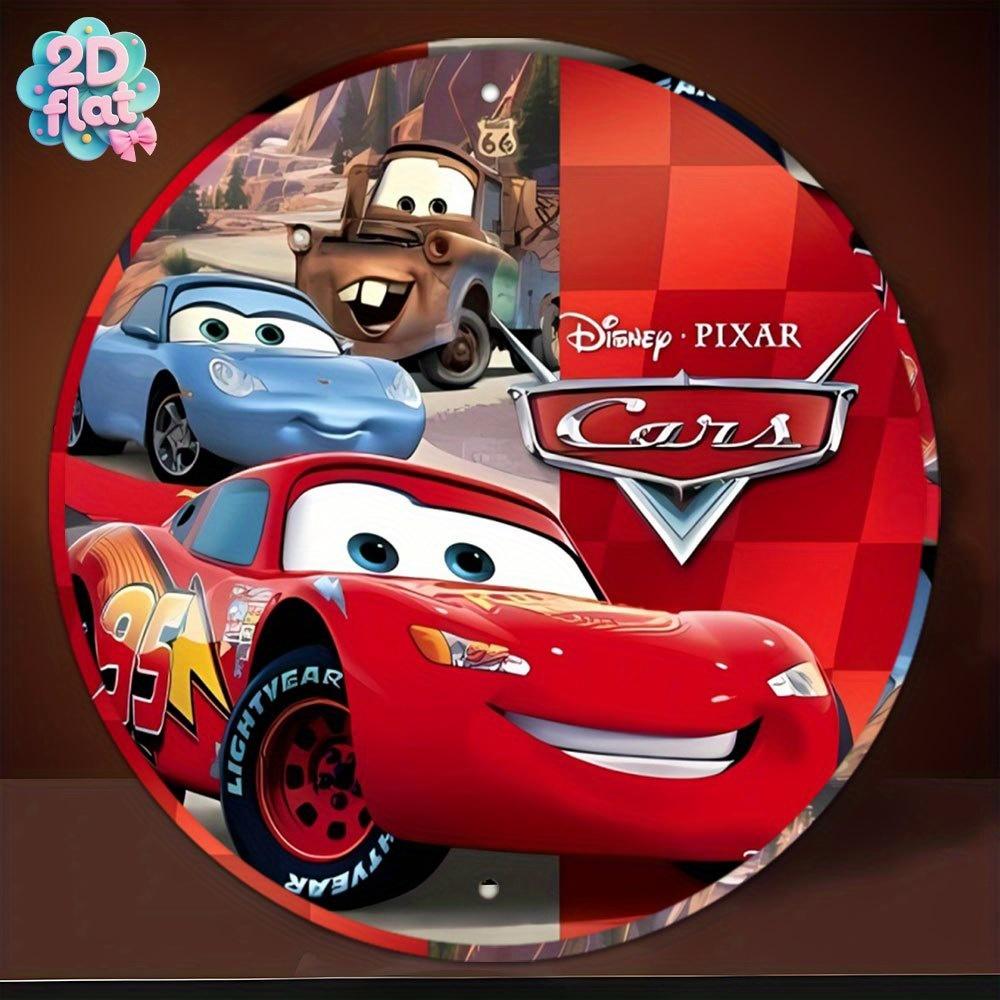 1pc Pixar Cars Movie Lightning McQueen Metal Sign - Round Vintage Racing Decor with Checkered Background - Official Lightning Mc 20x20