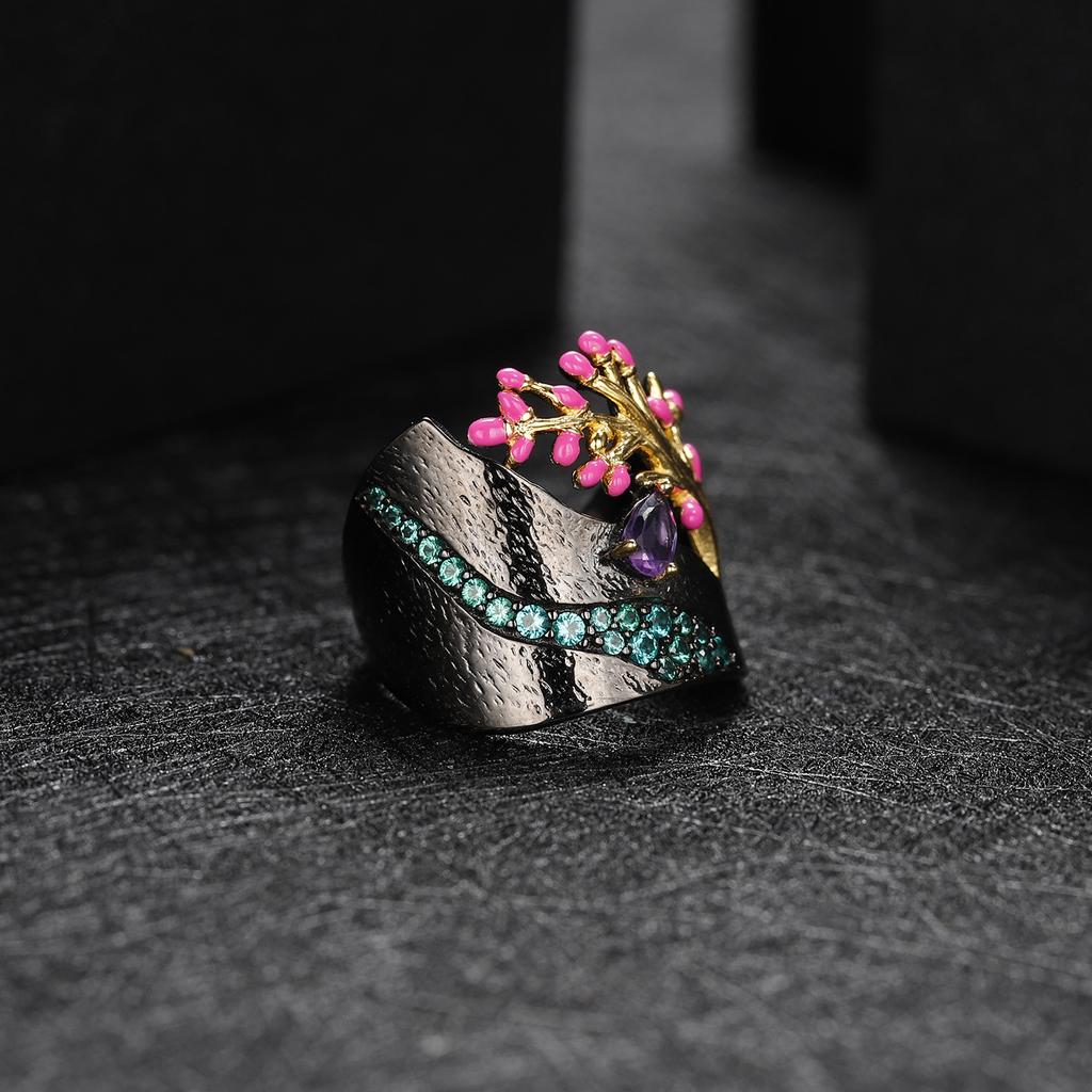 Original Designer Natural Style Tree of Life Ring Italian Craft Retro S925 Silver Natural Amethyst Ring