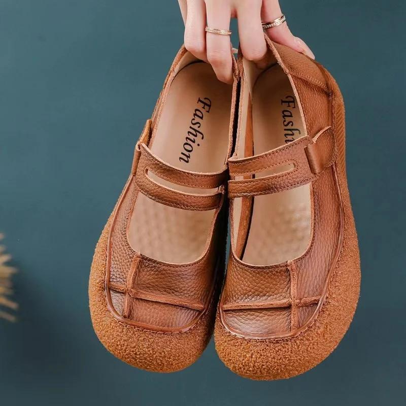 Summer New Genuine Leather Cowhide Breathable and Comfortable Retro Hollow Middle and Old Age Thick Sole Sandals Mom's Shoes