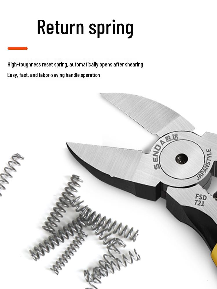 Spring-loaded Diagonal Cutting Pliers: 4, 5, 6, 7 inch with Small Compression Spring, Ideal for Circlip & Pressure Shrink Tasks.