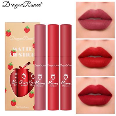 3 Strawberry Sleeve Bags, Velvet Mist Matte Lipstick Red Lipcourse Girl Non -stick Cup Cute Set