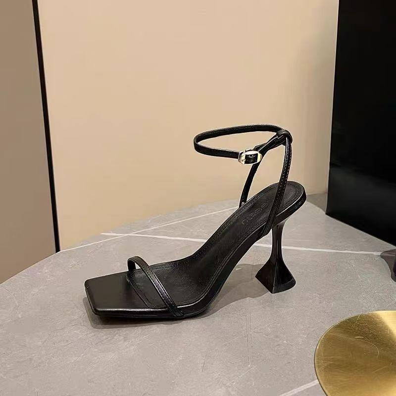 2025 Summer New One-word Strap High Heels Thick Heel Square Head Women's Shoes Aw Black Beautiful Wine Glass and High Heel Sandals