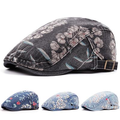 Floral Print Denim Newsboy Cap For Women, Adjustable Vintage Distressed Cabbie Hat With Visor, Casual Outdoor Sun Protection Baseball Cap