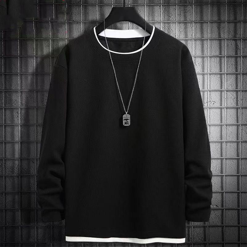 Unisex Fake Two-Piece Waffle Long-Sleeve Sweatshirt - Loose Round Neck, Solid Color, Large Size for Spring & Autumn