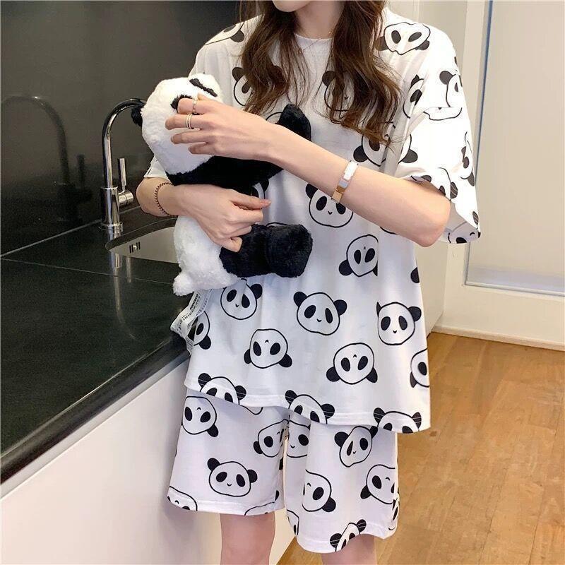 GMXIA Cute Panda Pajamas for Women In Summer, Short Sleeves and Shorts, Large-sized and Thin Summer Casual Home Wear Set