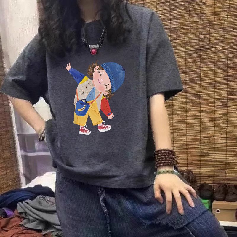 Plus-Size Women's Navy Blue Pure Cotton Short-Sleeve T-Shirt, Summer 2026 New Japanese-Style Cartoon Slimming and Figure-Flattering Top
