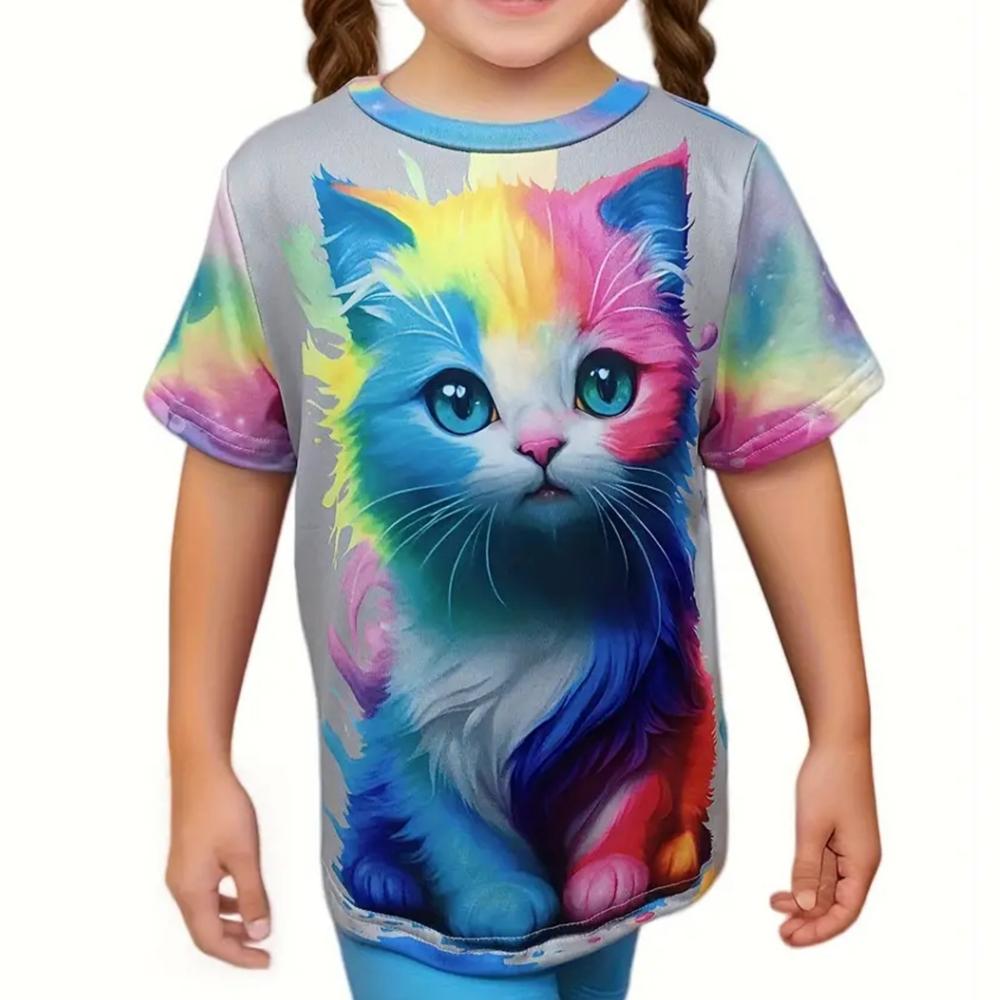 2025 Girl Clothes 3D Print Cute Cat Crew Neck Short Sleeves Graphic T Shirts Summer Streetwear Fashions T-Shirts for Children