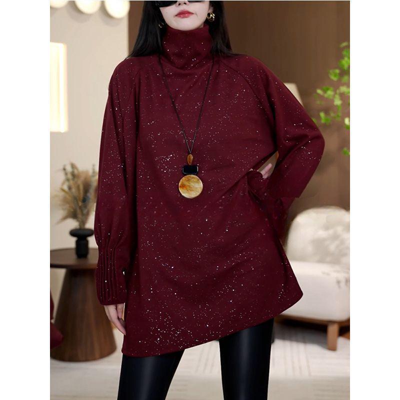 Plus Size Sequined High Neck Ruffle Long Sleeve Thickened Warm Mid-Length Top for Women 