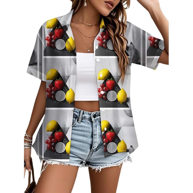 Womens Loose Fit Short Sleeve Printed Shirt Casual Vacation Style Collared Open Front Top