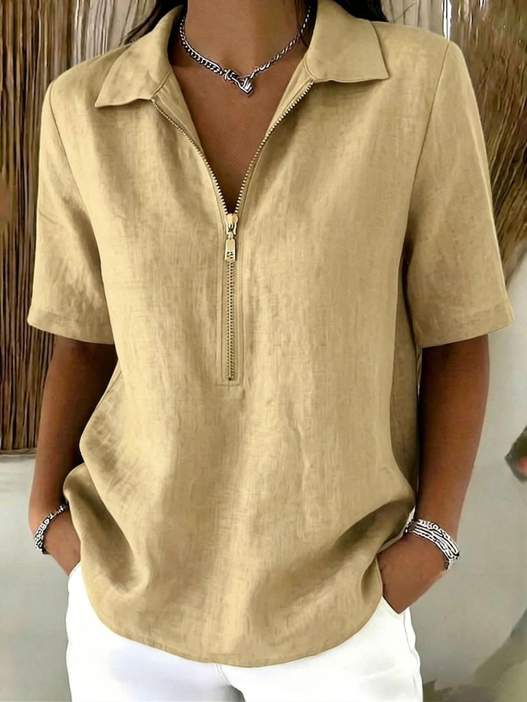 Women Casual Solid Color Lapel Zip Half Sleeve Fashion Blouse