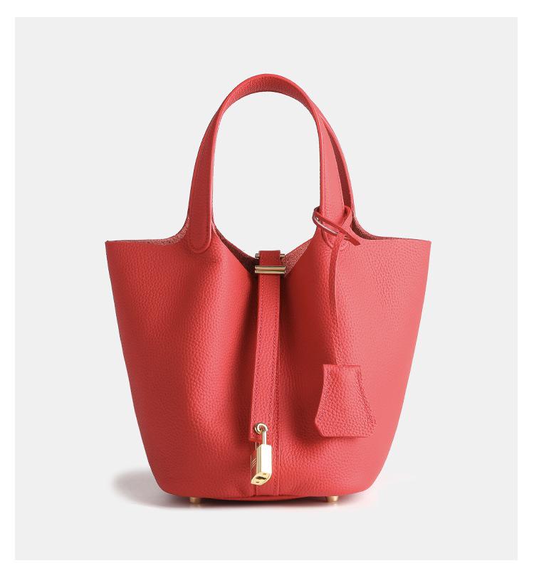 2025 Large Capacity Genuine Leather Commuter Handbag - Lychee Pattern Cowhide Bucket Bag