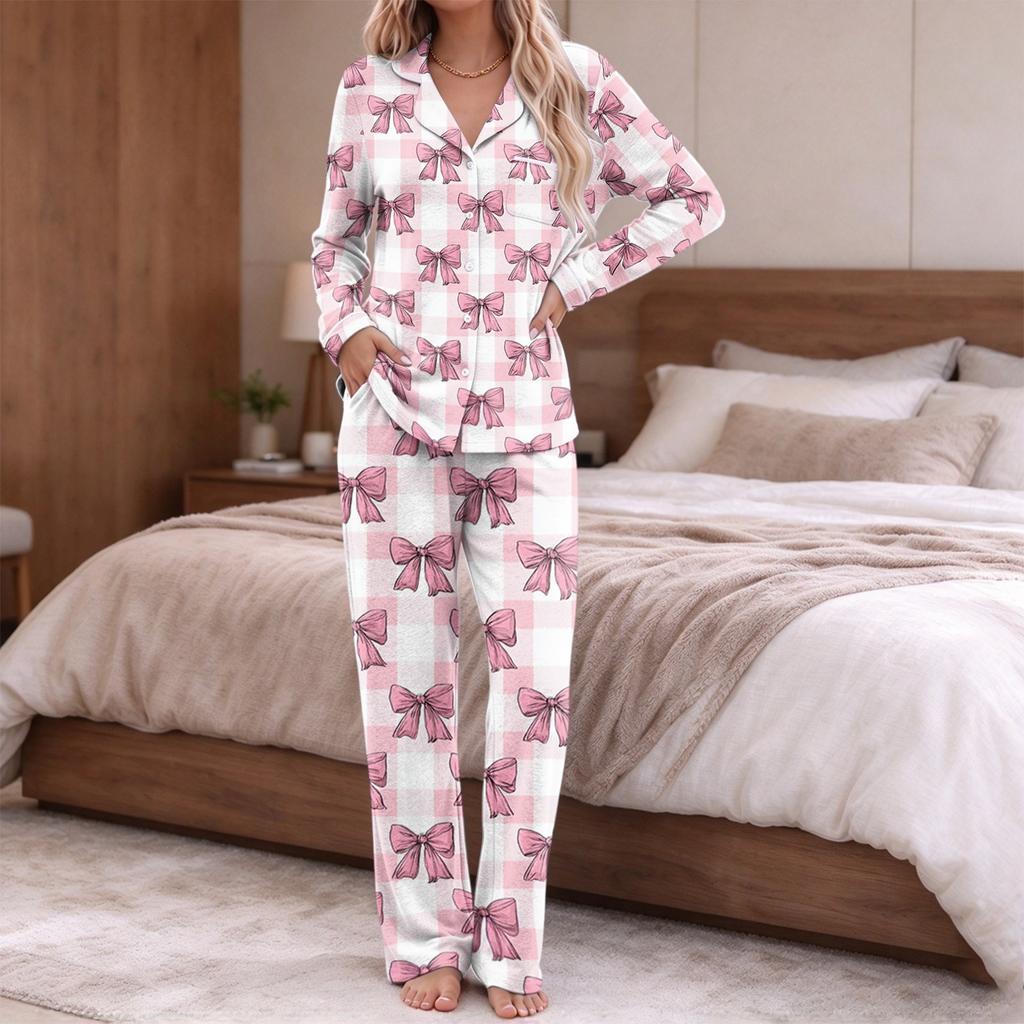 Pigiama da donna stampa alla moda manica lunga top con bottoni tasca pantaloni casa casual colletto a revers scollo a V set due pezzi