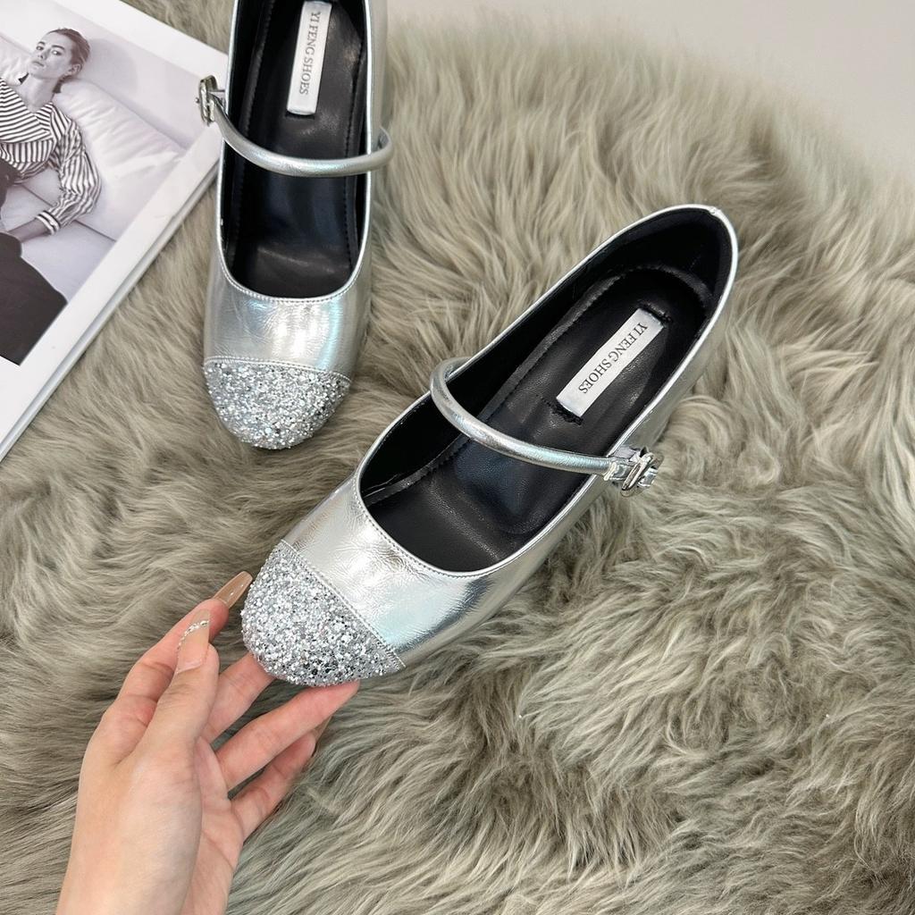 Pailletten silber dicker Absatz plus 9cm farblich passend Mary Jane mit modischem Temperament leichter Mund Damen High Heels
