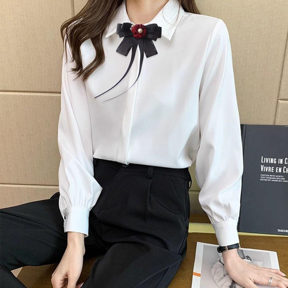 Rhinestone Pearl Bow Blouse Collar Pin Brooch Black Shirt Bowtie Ribbon Bow Tie  For Women Girls