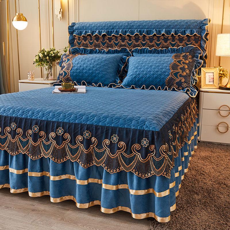 Quilted Bed Skirt Set with Heart Embroidery Lace Trim and Tie-Up High Drop  Includes 1 Bed Skirt and 2 Pillowcases
