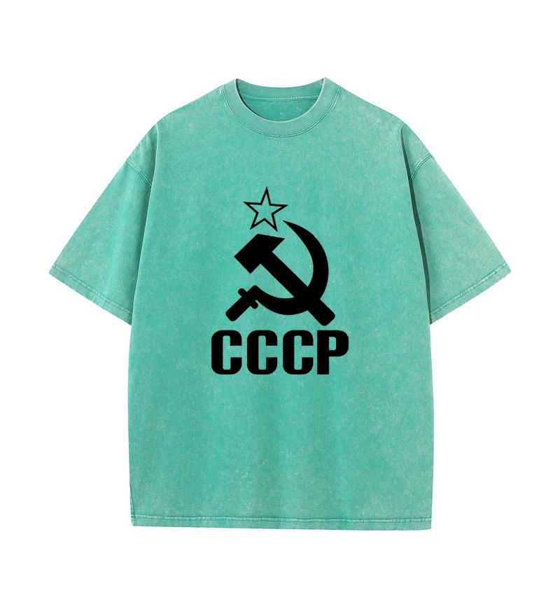 2025 Summer 100% Cotton Washed Old Craft Oversized T Shirt Big Size O-neck Oversized Men T Shirt CCCP Print