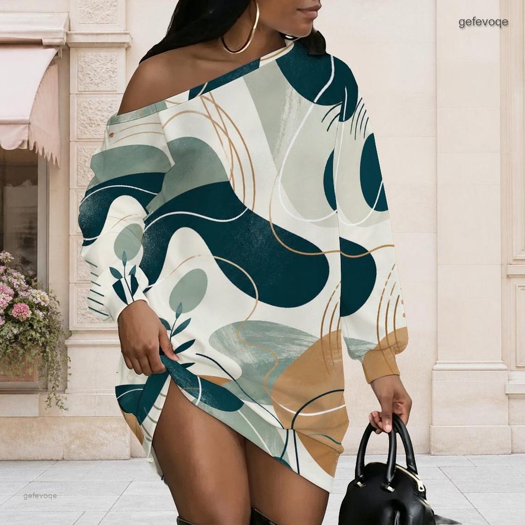 Women Plus Size One Shoulder Long Sleeve Abstract Geometric Print Asymmetric Hem Dress