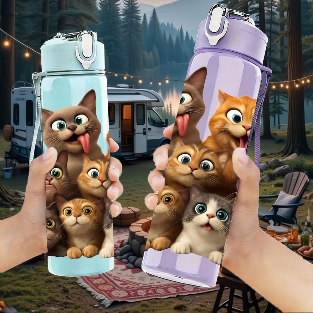 1PC Group Kitten Cat Family Cartoon Print 750ml Color Plastic Sports Water Bottle Leakproof Flip Straw Lid Suitable for Sports Office Home Use