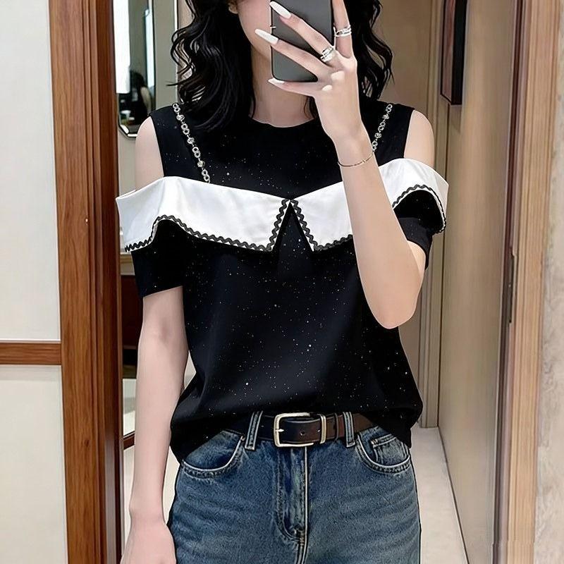 Women Round Neck Ruffle Trim Cold Shoulder Sparkle Short Sleeve Casual Blouse Top S чёрный