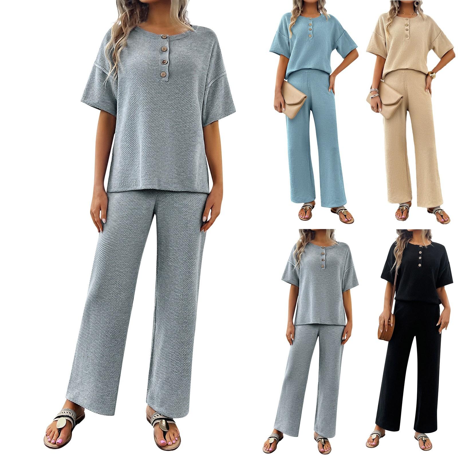 

Women s Casual 2 Piece Outfits Knit Short Sleeve Button Top Long Pants Matching Sets Tracksuits