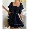 Women's Casual  Loose Black Fungus Edge Short Sleeved Dress Short Skirt  Short Skirt