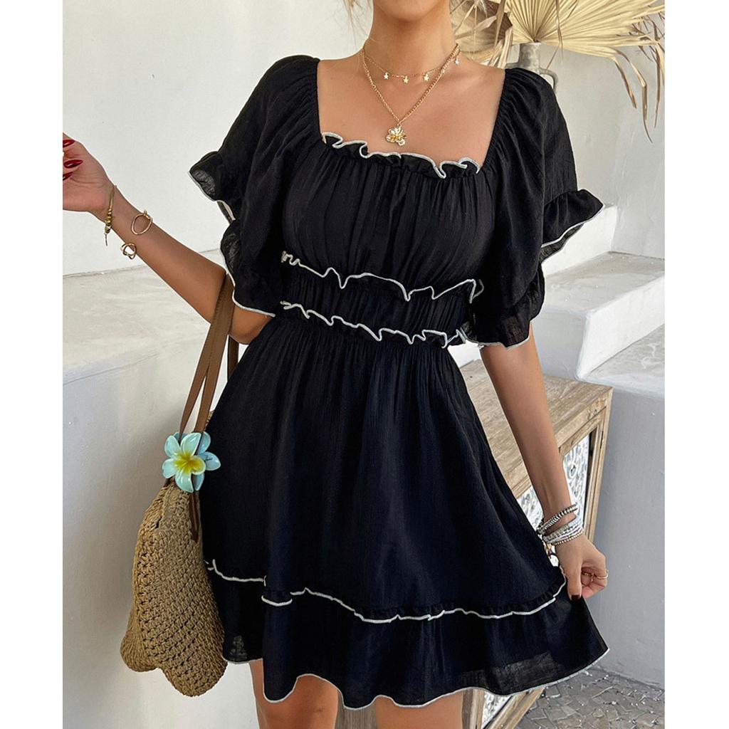Women's Casual  Loose Black Fungus Edge Short Sleeved Dress Short Skirt  Short Skirt