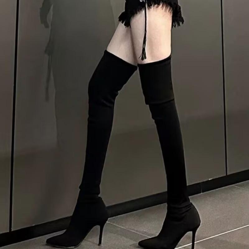 New Women High Heels Slip On Over The Knee Sexy Long Boots Female Platform Ankle Patchwork Flock Two Ways Wear Plus Size 35-42