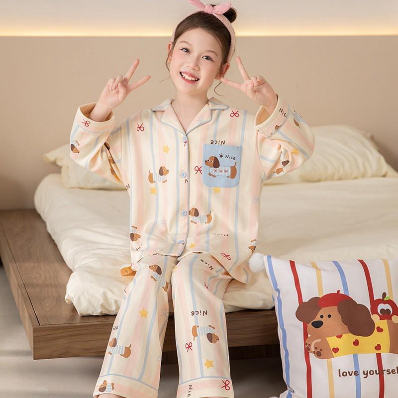 Girls Cotton Pajama Set With Collar Long Sleeve Cartoon Print Fall Kids Sleepwear Comfortable Home Outfit