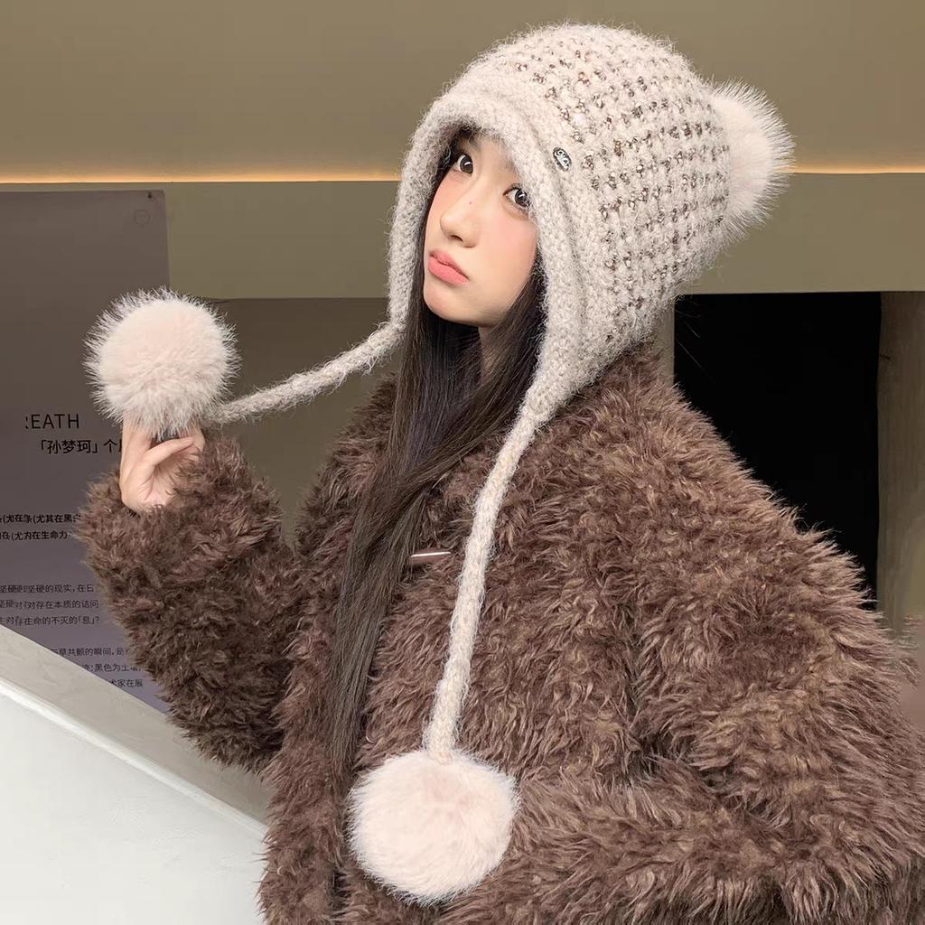 Knitted Fringed Knitted Wool Hat Women's New Winter Thickened Warm Windproof Ear Protector Pullover Hat
